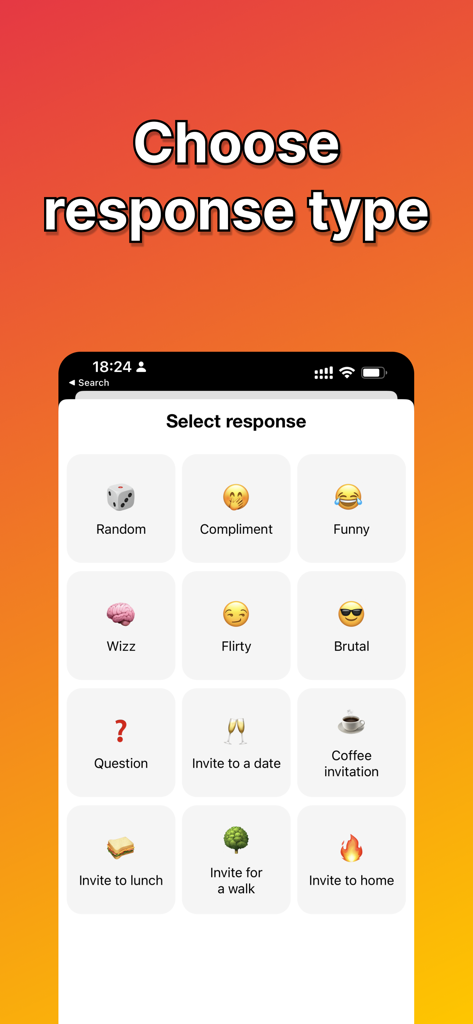 Interface of YAS RizzGPT app showing various response categories including flirty funny and invitation options