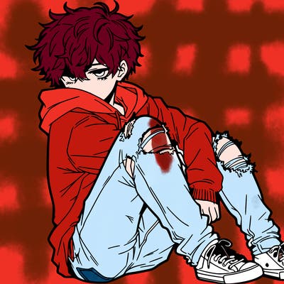 a male hoddie ripped jeans messy hair anime