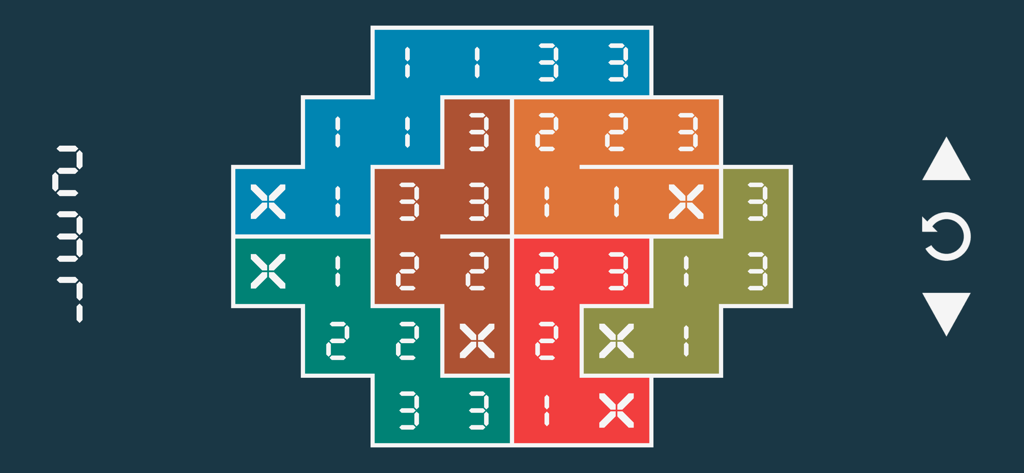 A minimalist logic puzzle grid featuring colored paths and non-decreasing number sequences