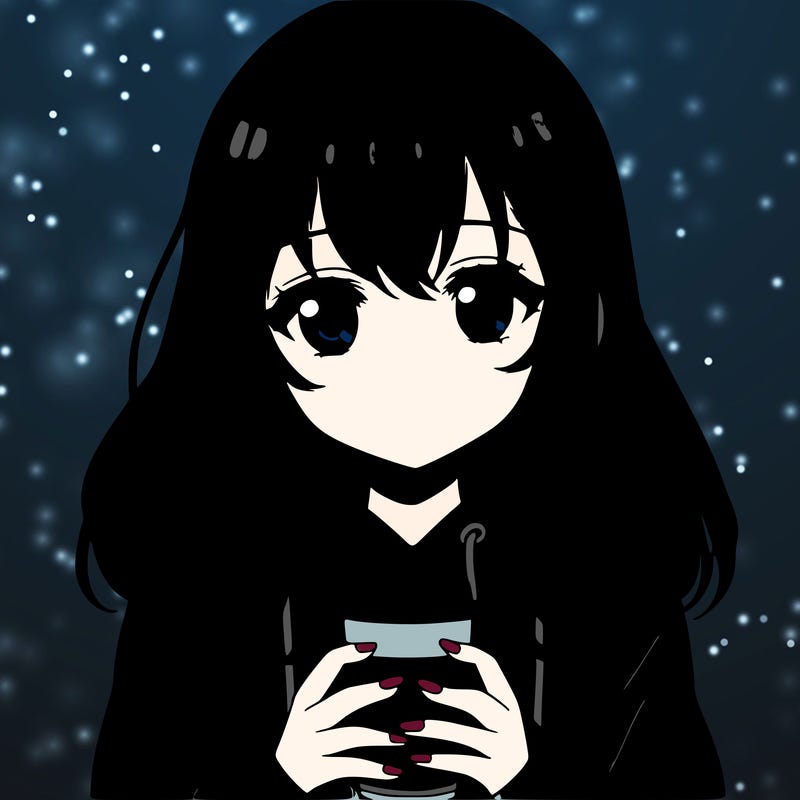 anime girl with brown hair in hoodie and glasses drinking coffee