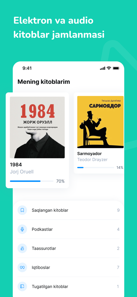 A mobile interface for the Asaxiy Books app displaying a library with Uzbek translations of famous books like 1984 by George Orwell and Sarmoyador by Theodore Dreiser.