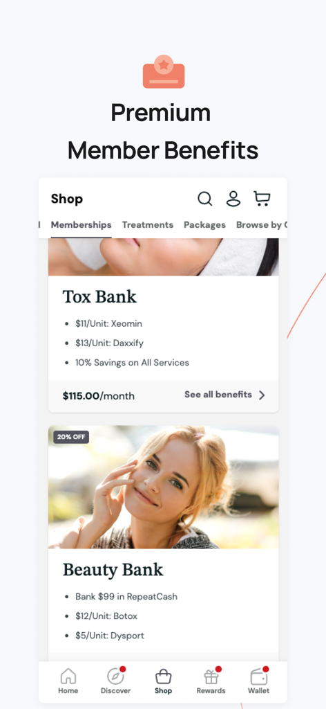 MyRepeat: Patient Rewards - Capture d'écran de l'application MyRepeat montrant des options d'adhésion premium comme Tox Bank et Beauty Bank pour les traitements esthétiques.