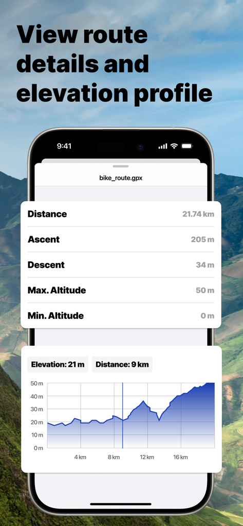 GPX View - Pantalla de la aplicación GPX View que muestra el gráfico del perfil de elevación y estadísticas de la ruta, incluyendo distancia y ascenso