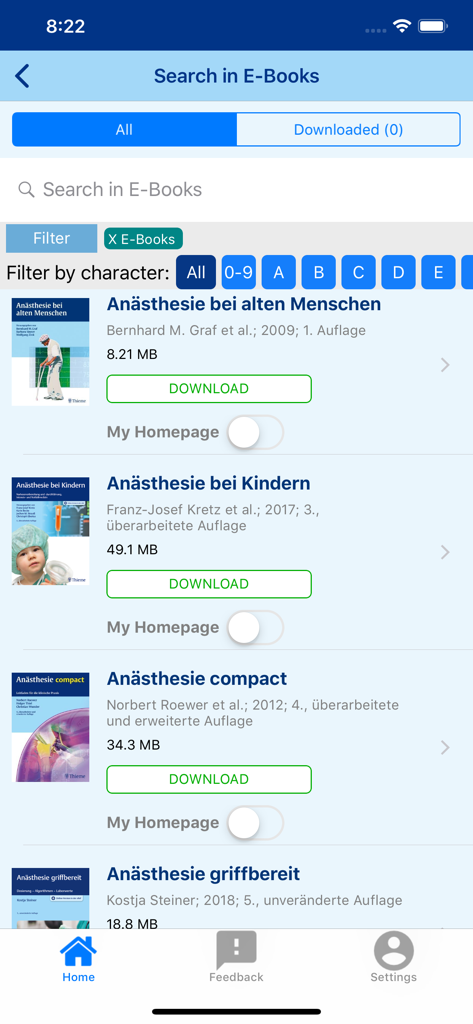 Search and download screen for medical e-books within the eRef app interface