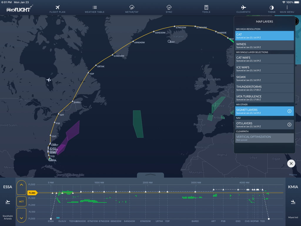 AVTECH proFLIGHT dashboard showing a trans-Atlantic flight route with horizontal map and vertical weather profile views