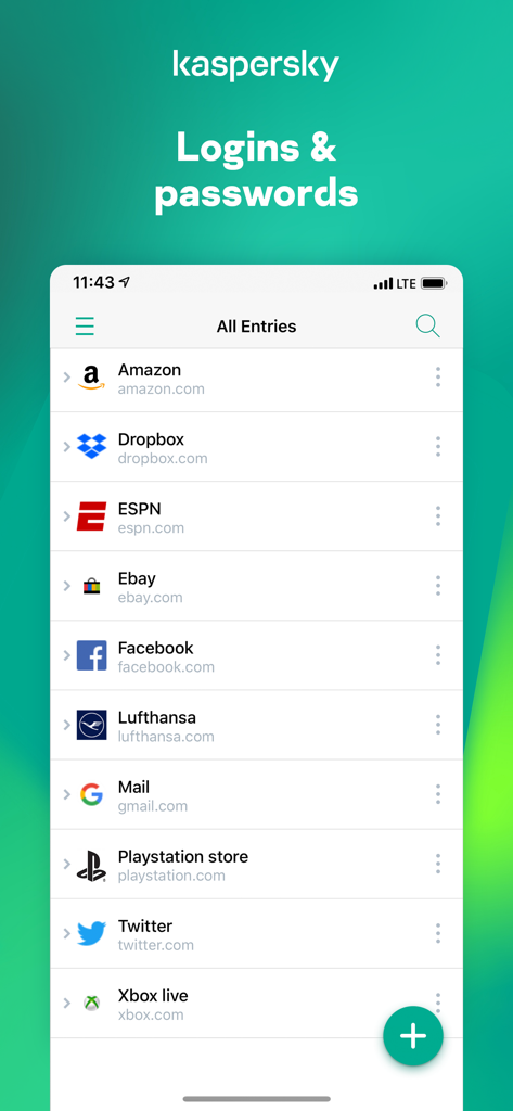Kaspersky Passwords & Docs - Interface of the Kaspersky Passwords and Docs app showing a list of saved logins and passwords for various accounts