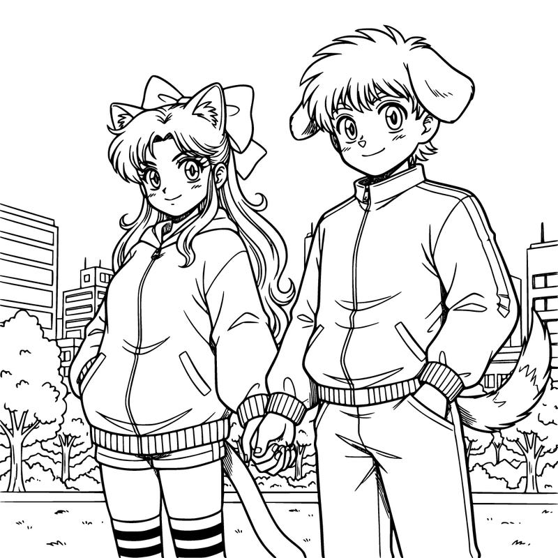 a anima cat girl and dog boy holding hands