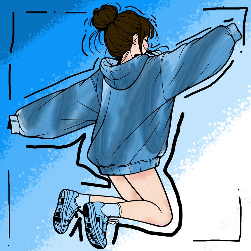 realistic girl jumping with a bun and oversized sweatshirt