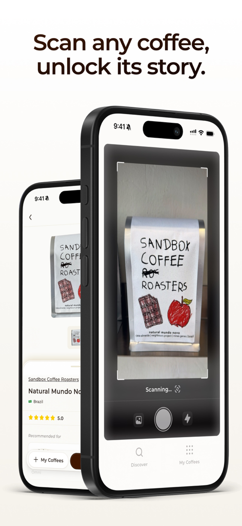 Smartphone screen showing the AI-powered coffee bag scanner feature in the Coffi app
