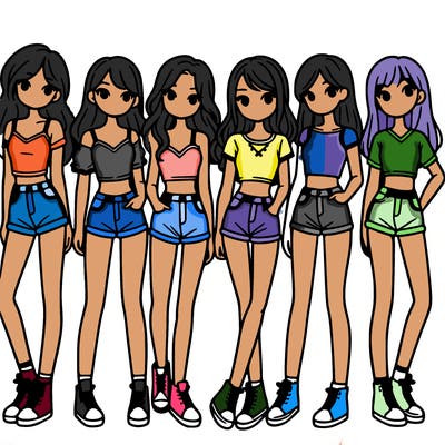 a group of girls wearing crop tops and shorts