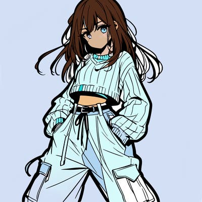 anime teen girl with baggy pants and crop top with sweater