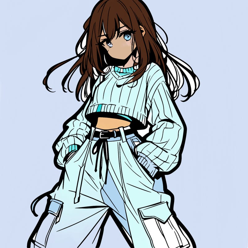 anime teen girl with baggy pants and crop top with sweater