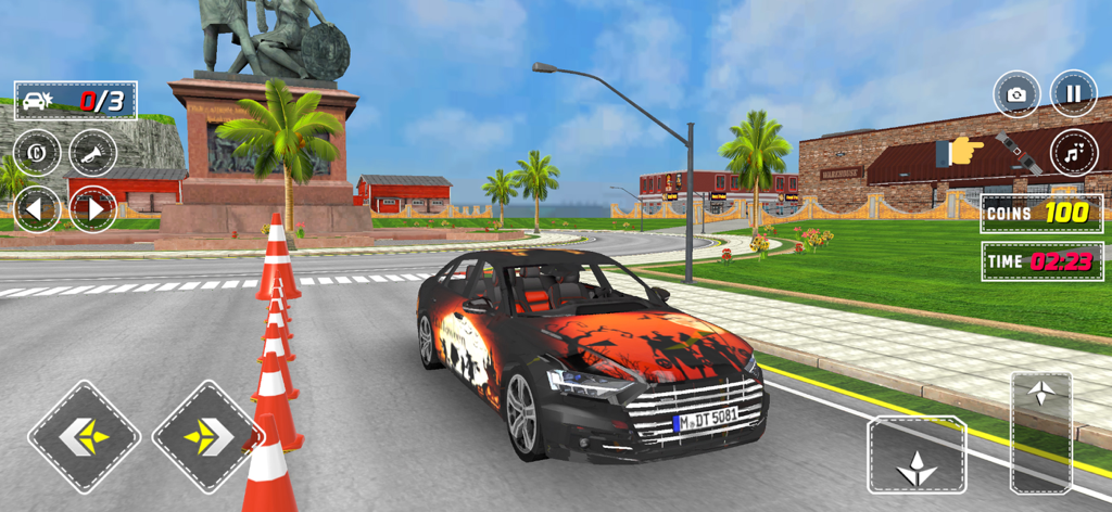 Legend Car Driving School Game - Un coche negro con calcomanías de Halloween navegando por un campo de entrenamiento con conos de tráfico naranjas en un simulador de conducción