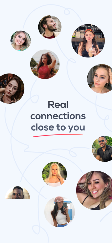 Dating and Chat - Sweet Meet - Collage di diverse foto profilo con testo che dice Connessioni reali vicino a te