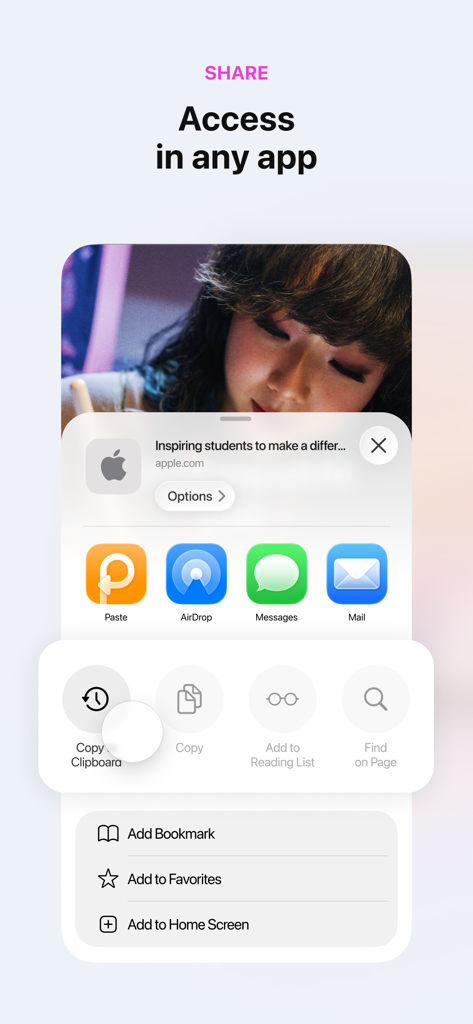 Paste – Limitless Clipboard - iPhone screen showing the Paste app icon within the iOS share sheet menu for quick clipboard access