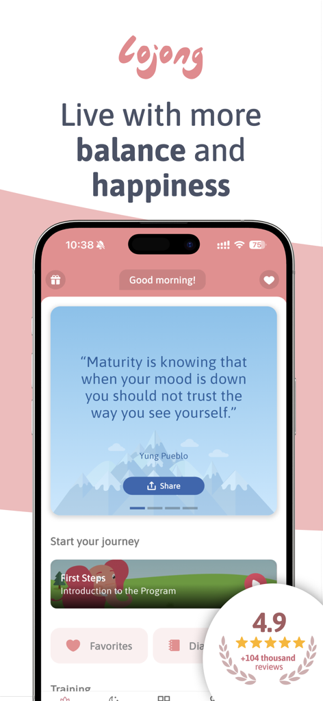 Tela inicial do app Lojong com uma citação diária e programas de meditação guiada
