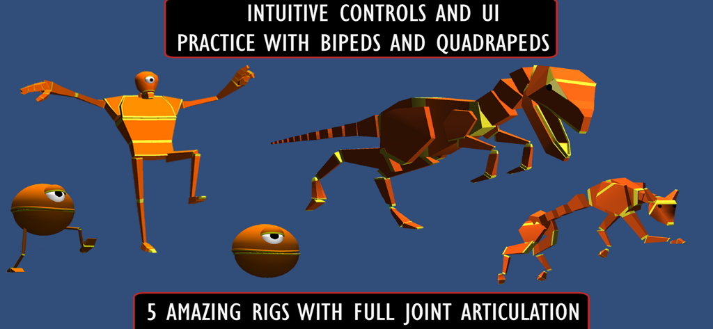 A collection of 3D character rigs including bipeds and quadrupeds for animation practice