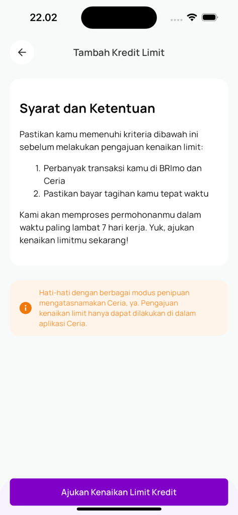 BRI Ceria - Tela de termos e condições para solicitar um aumento de limite de crédito no aplicativo móvel BRI Ceria