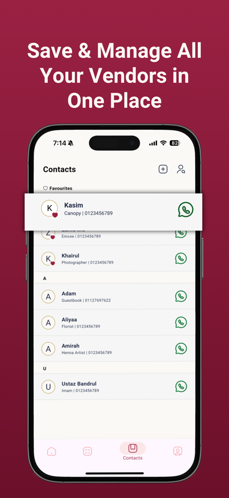 akad Planner - Mobile app interface for managing Malay wedding vendor contacts and services