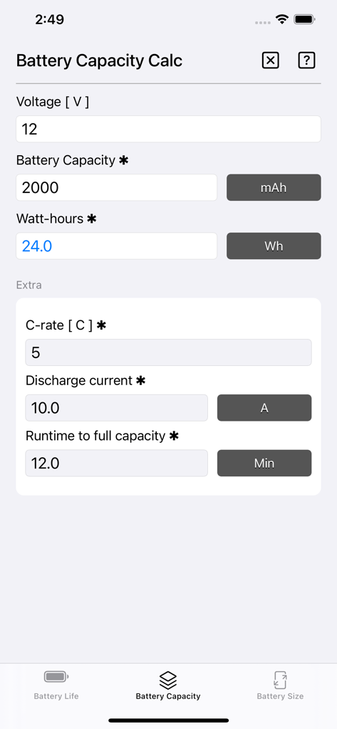 Screenshot of the Battery Capacity Calculator tool with input fields for voltage and amp hours