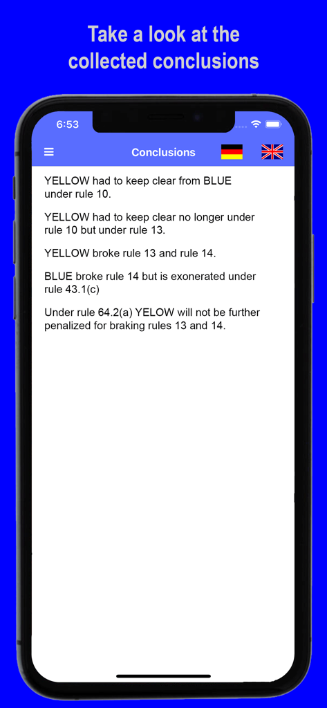 Mobile app screen displaying the final conclusions and rule citations for a sailing protest hearing between two boats.