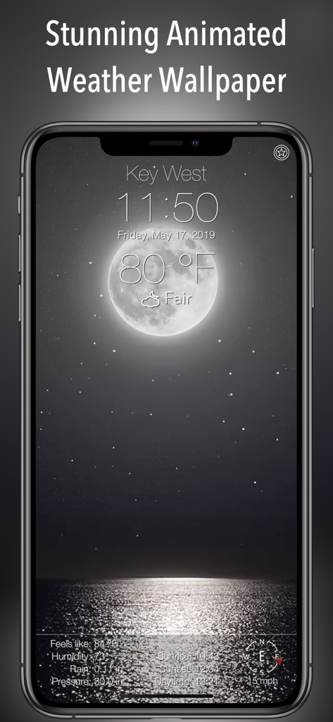14 Day Weather Forecast - Smartphone screen displaying 14 Day Weather Forecast with a beautiful night wallpaper of a full moon over the sea.