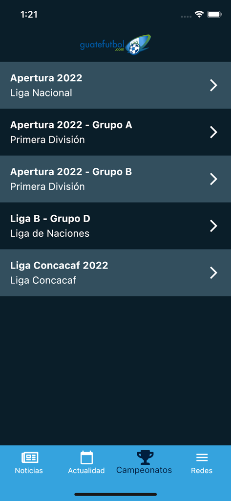 Guatefutbol mobile app screen showing a list of soccer championships including Liga Nacional and Concacaf.