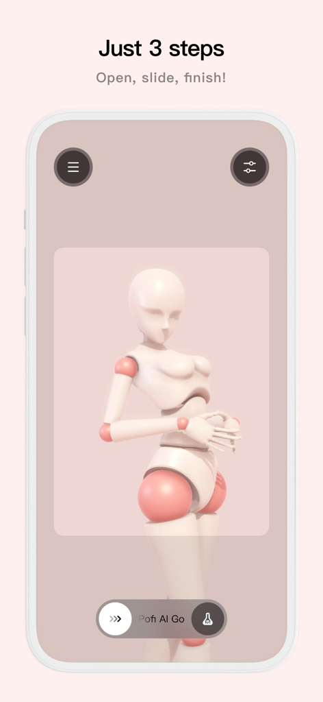 Pofi AI - 3D AIGC Tool - A 3D female mannequin pose in the Pofi AI mobile app interface for character reference and AI generation