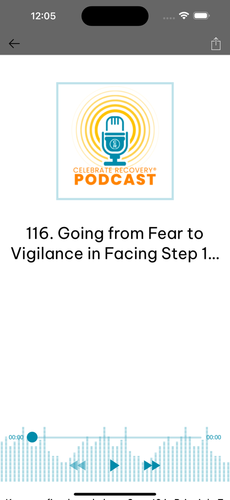 Celebrate Recovery app podcast player showing an episode about Step 1