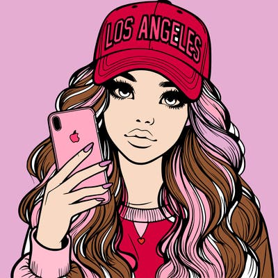 realistic beautiful girl wearing los ángeles cap holding an iphone