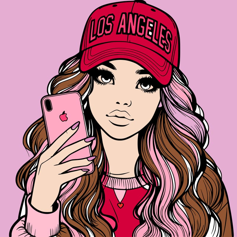 realistic beautiful girl wearing los ángeles cap holding an iphone