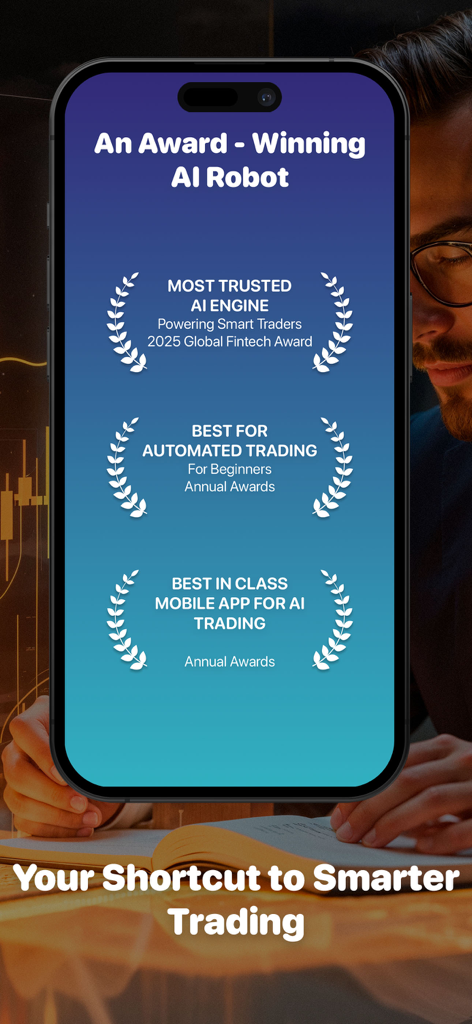 Forex AI Robot - Pantalla de reconocimiento de premios para la aplicación Forex AI Robot, destacando su motor de IA más confiable y su estatus de mejor aplicación móvil.