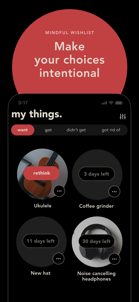 bless. minimal shopping habits - Interface of the bless app mindful wishlist showing items with countdown timers to encourage intentional shopping habits.