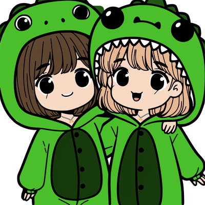 girl wearing a dinosaur wunsie with her best friend