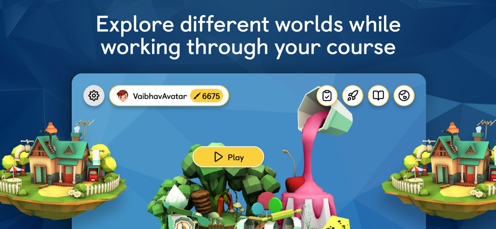 Navio - Navio-App-Bildschirm, der ein Schülerprofil und lebendige 3D-Weltumgebungen mit einer Play-Schaltfläche zeigt