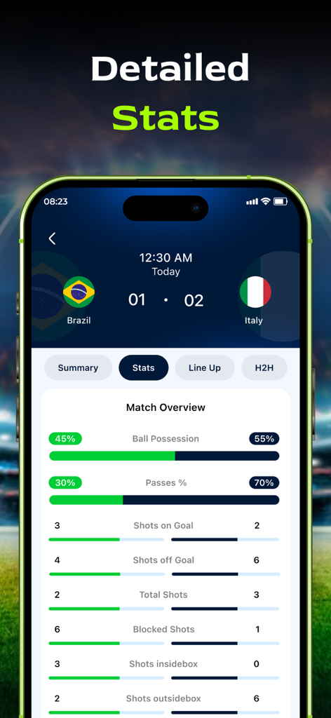 Live Football Score: Soccer TV - Detailed soccer match statistics comparing Brazil and Italy including possession and shot data in a clean mobile app interface.