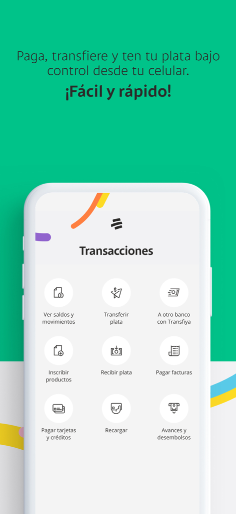 Mi Bancolombia - Interface do aplicativo Mi Bancolombia mostrando várias opções de transação como transferências de dinheiro e pagamentos de contas