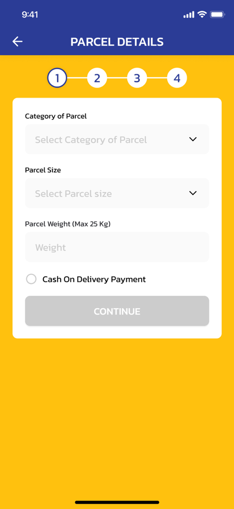 짐 및 소포 배송 서비스를 위한 LockboxTH 앱의 소포 세부 정보 입력 화면