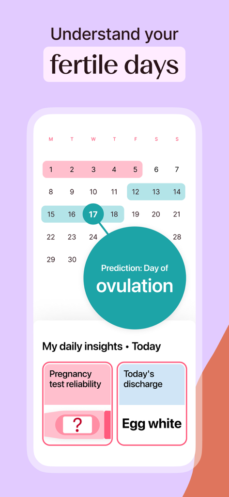 Flo app interface showing ovulation day prediction on a calendar with fertile window and daily health insights