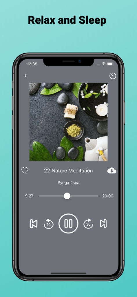 Mobile phone screen showing the nature meditation music player in the Spa Music Relax Sounds app.