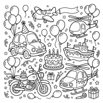Get ready to celebrate with this exciting coloring page featuring a lively birthday party parade of vehicles! You'll find cars, planes, boats, and motorcycles all adorned for a festive occasion, waiting for your creative touch.