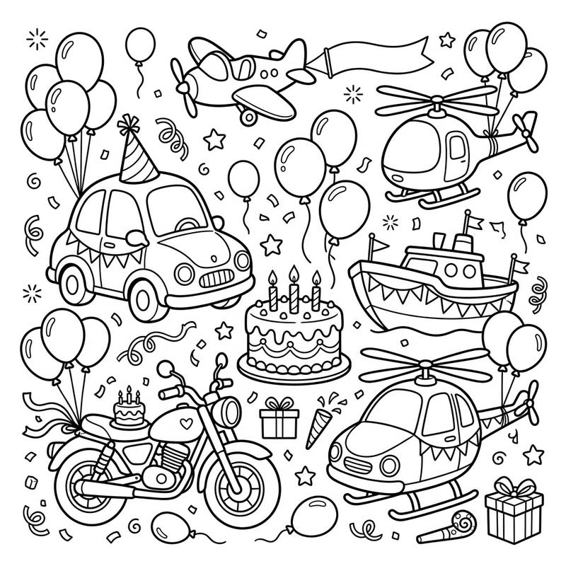 Get ready to celebrate with this exciting coloring page featuring a lively birthday party parade of vehicles! You'll find cars, planes, boats, and motorcycles all adorned for a festive occasion, waiting for your creative touch.