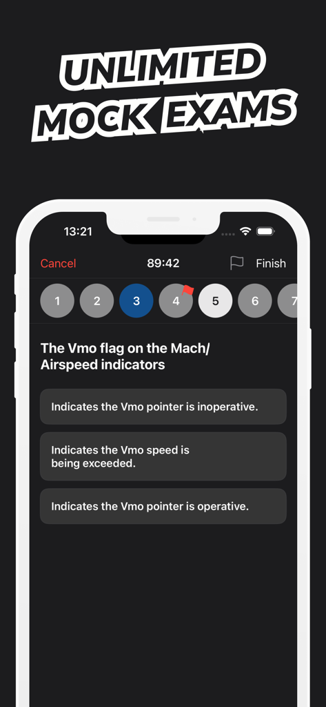 Interfaz de la aplicación de entrenamiento de pilotos Boeing 737 Type Rating Prep que muestra una pregunta técnica sobre indicadores de velocidad en modo oscuro