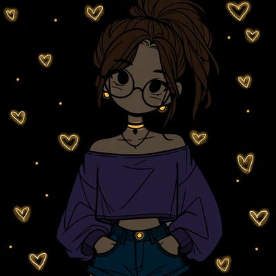 girl with a messy ponytail glasses a baggy crop top and jean shorts