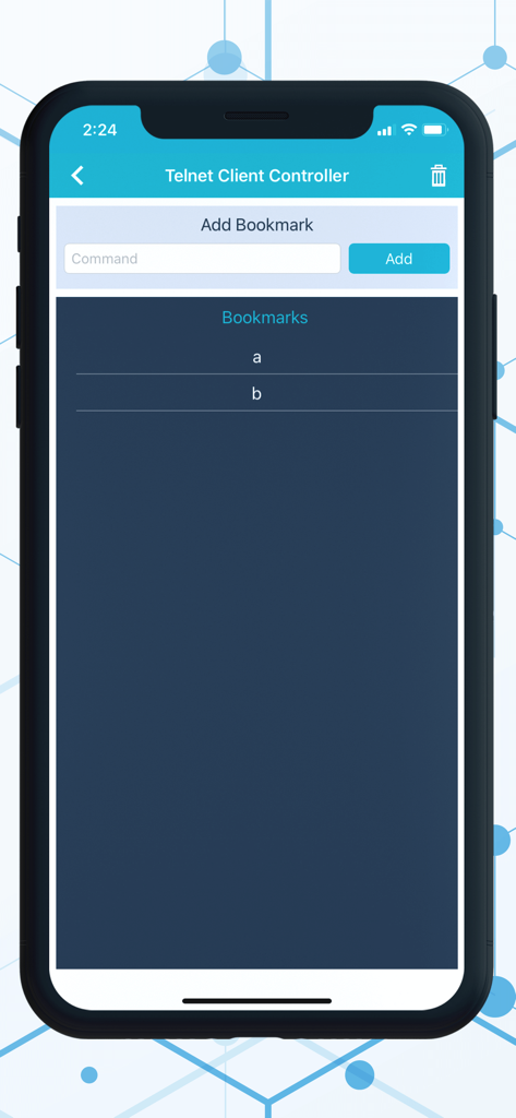 Telnet Client Terminal - Screenshot of the Telnet Client Terminal app showing the interface for adding and managing saved command bookmarks on an iPhone.