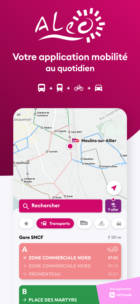 Interface de l'application mobile Aleo Moulins montrant les horaires de bus en temps réel et une carte de transport de la ville.