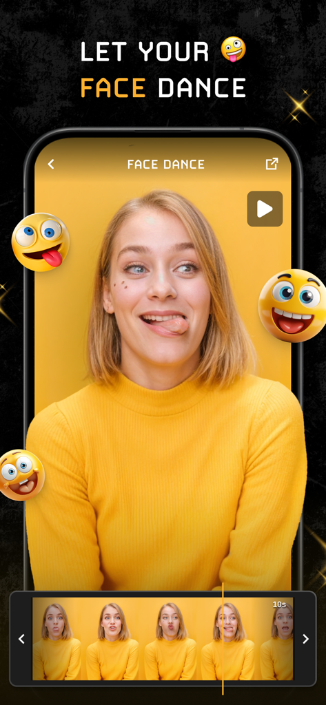 MOVA - AI Video Editor - A woman using the MOVA app Face Dance feature to animate her selfie with expressive facial movements and emojis.