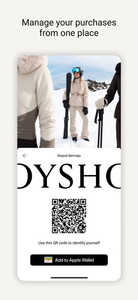 Interfaccia dell'app OYSHO che visualizza un codice QR personale per l'identificazione e un pulsante per aggiungerlo all'Apple Wallet