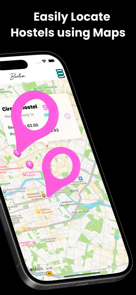 Pantalla del mapa de la aplicación Hostel GO que muestra los hostales mejor valorados en Berlín usando marcadores de mapa rosas