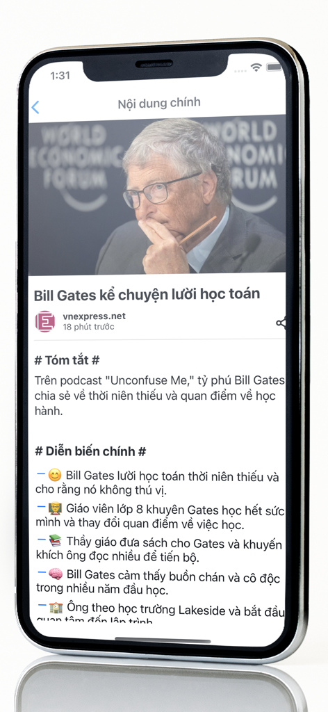 Báo Nhanh - Đọc báo siêu nhanh - Vietnamese news app Bao Nhanh displaying an AI summary of an article about Bill Gates on an iPhone